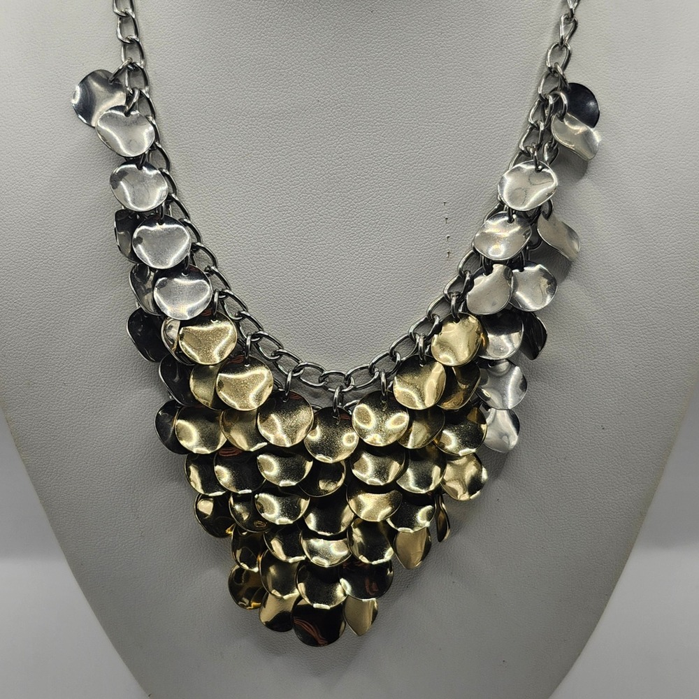 Mixed Metal Gold Silver Tone Disc Bib Statement Necklace Chain Link Collar